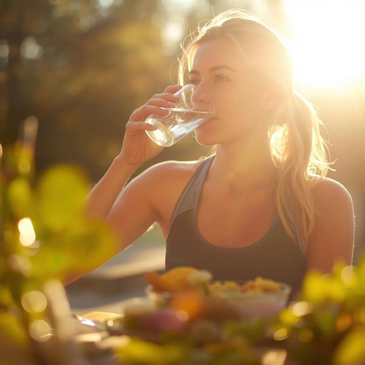 Woman drinking water in morning sunlight beside a table of fresh food