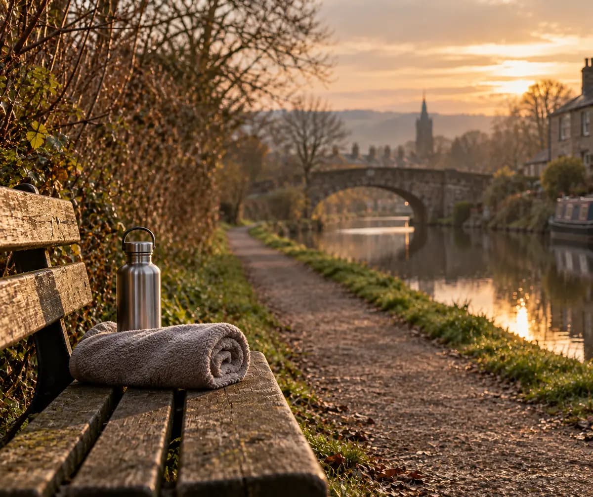A rolled towel and a steel water bottle on a wooden bench beside an empty canal towpath at sunrise, a stone bridge beyond