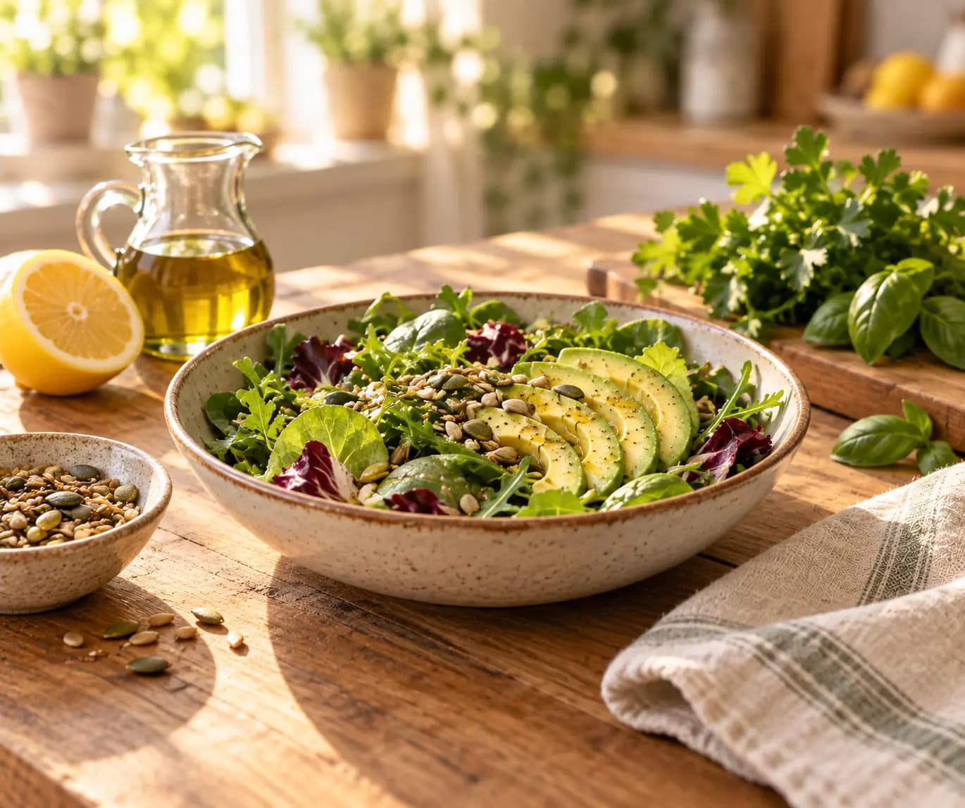 A bowl of salad leaves with sliced avocado and seeds, beside a jug of olive oil, a lemon and fresh herbs
