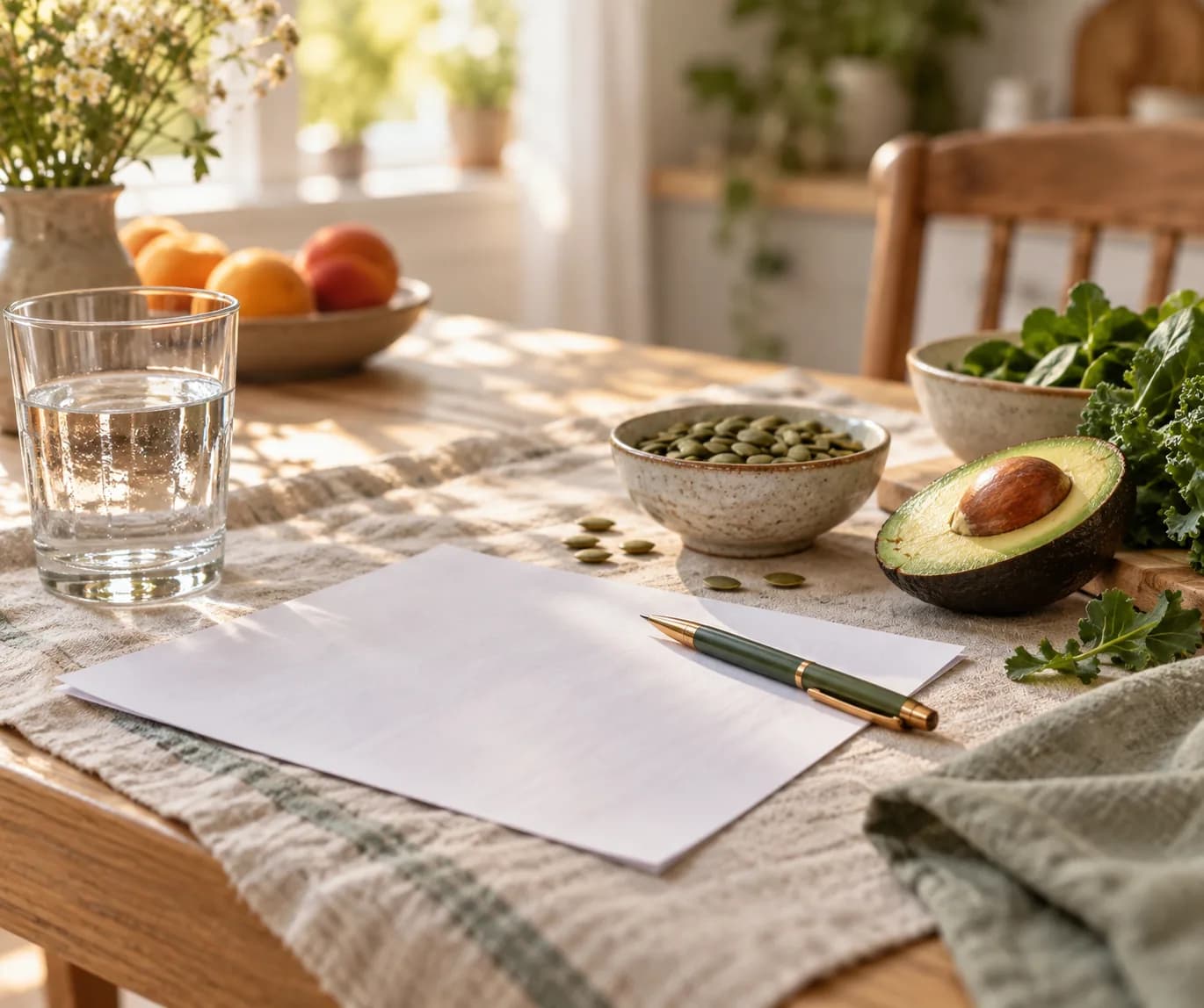 Blank paper and a pen on a sunlit kitchen table beside water, pumpkin seeds, a halved avocado and greens