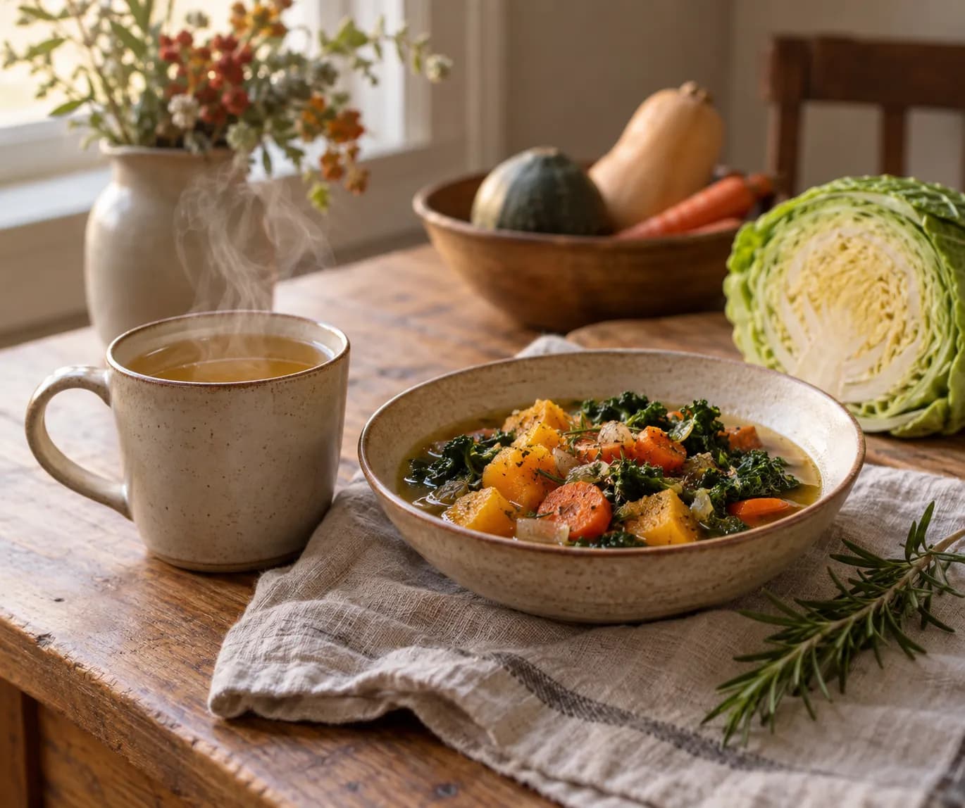A mug of bone broth and a bowl of autumn vegetable stew on a wooden table in morning light, cabbage beside them