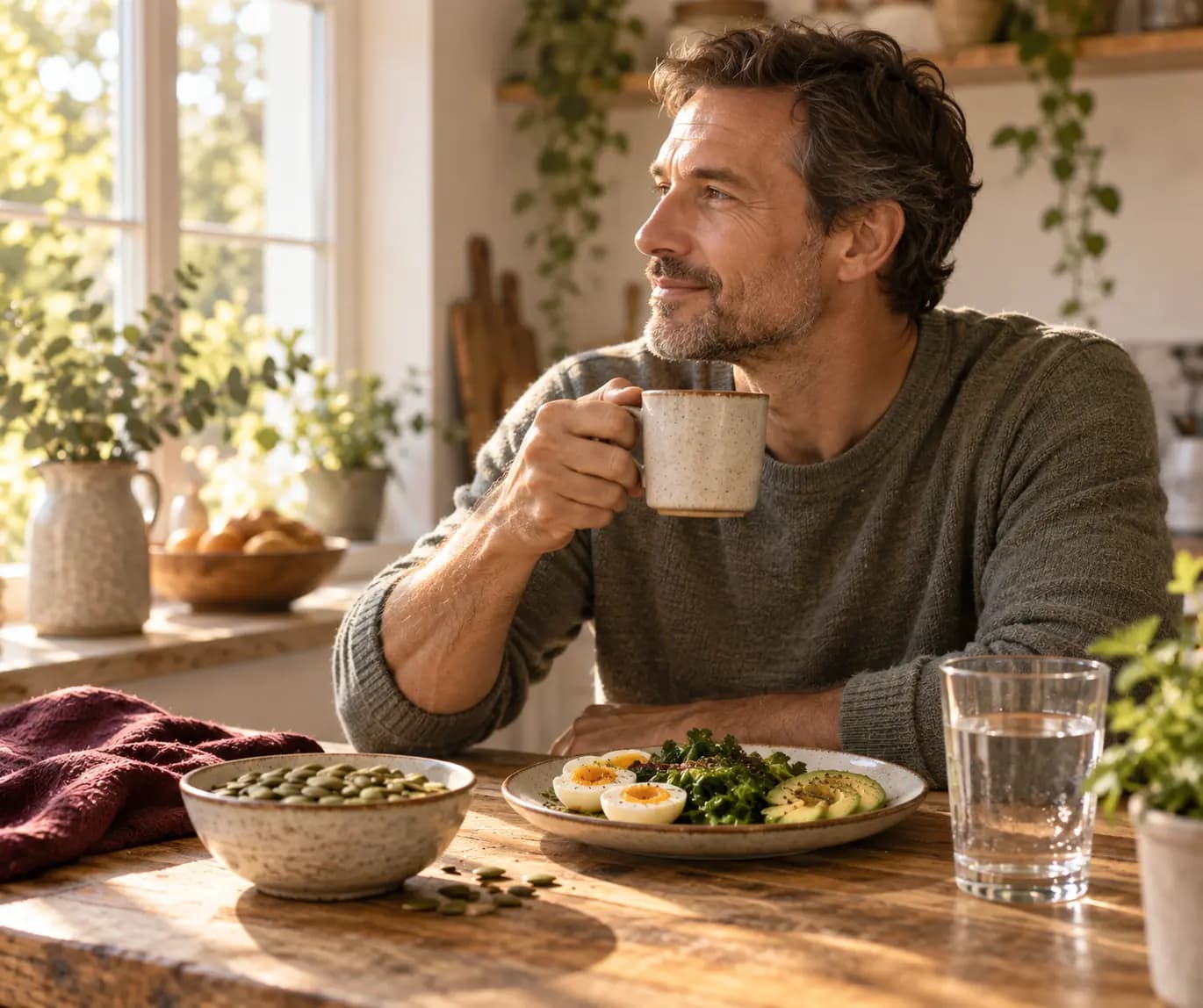 A man in his forties at a sunny kitchen table with a mug, a plate of eggs and greens, and pumpkin seeds