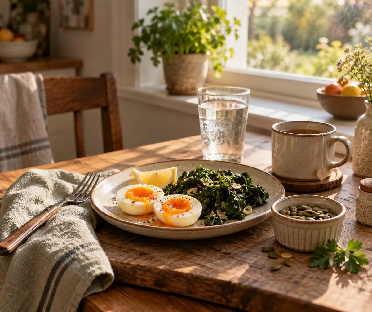 A kitchen table laid for one with soft-boiled eggs, sauteed kale, pumpkin seeds and a glass of water in morning light