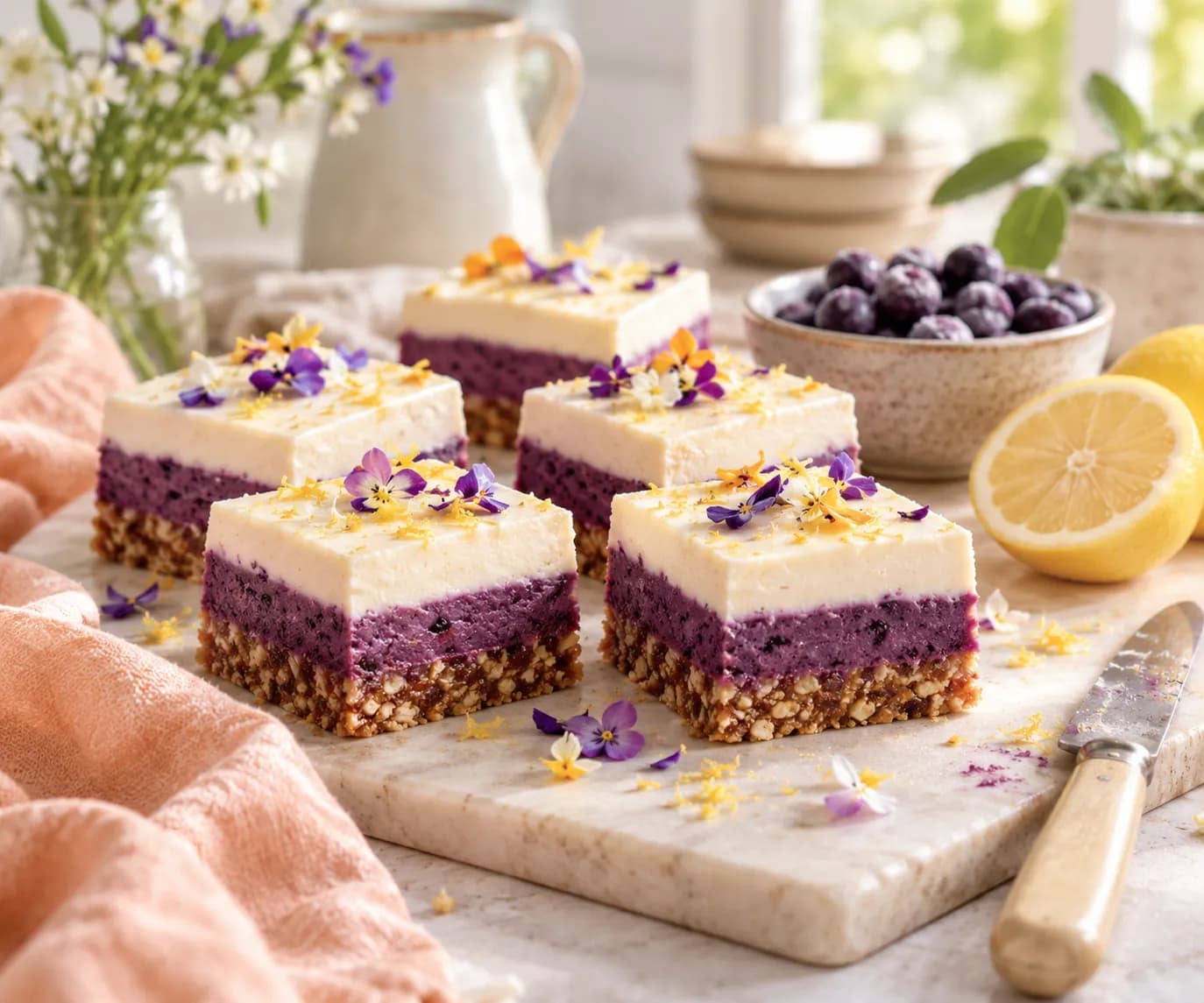 Layered raw cheesecake bars with a nut base, blueberry and lemon layers and violas, beside a halved lemon and blueberries