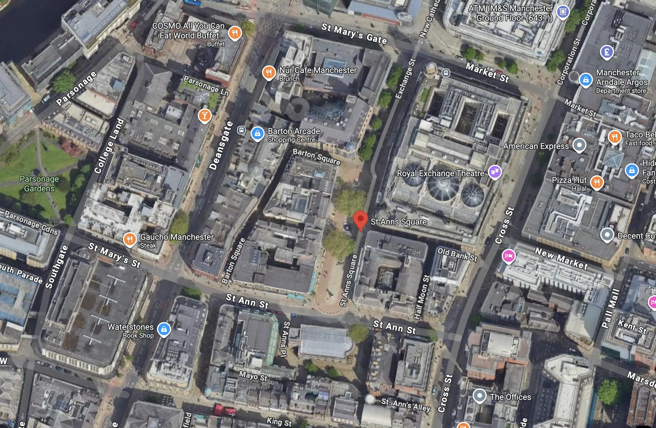 Map showing CF Organic Wellness at the Royal Exchange, St Ann's Square, Manchester M2 7PE
