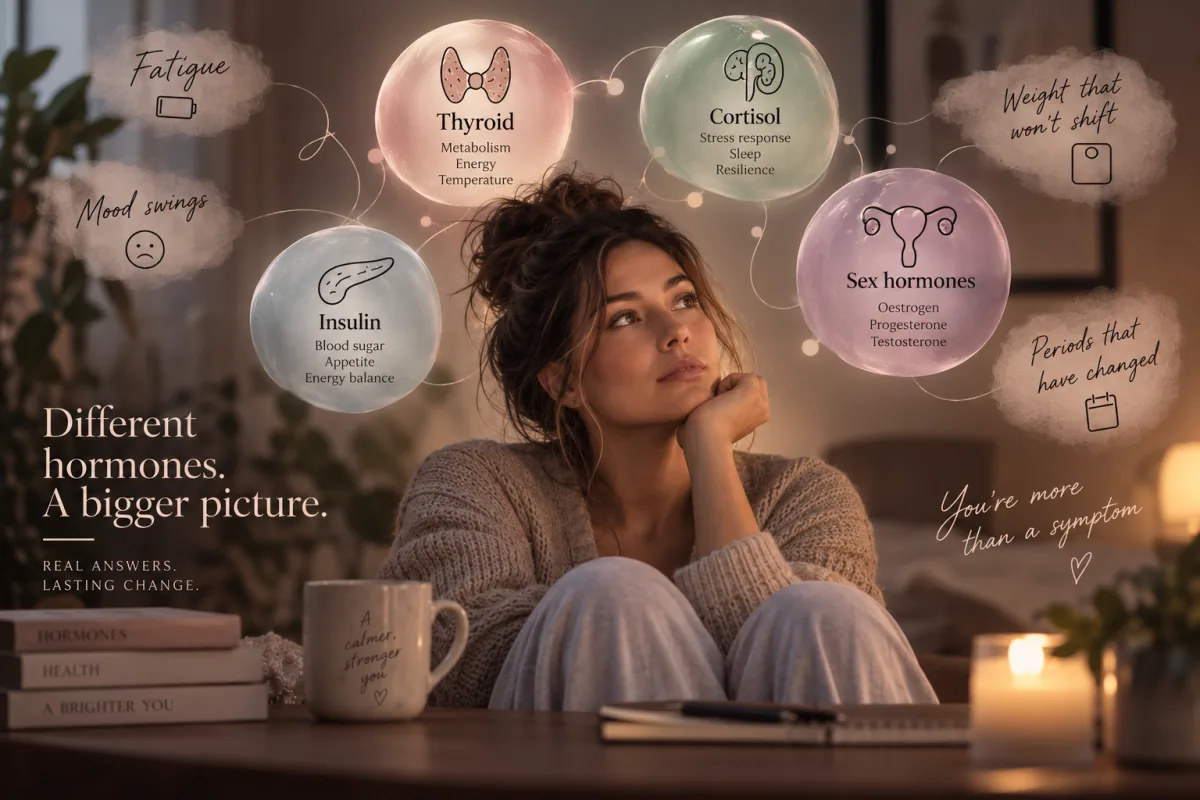 Woman surrounded by illustrated thyroid, cortisol, insulin and sex hormone icons alongside symptoms including fatigue, mood swings and weight that won’t shift