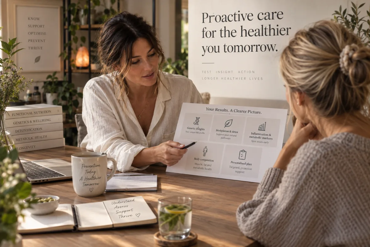 Nutritionist talking a client through a proactive health results summary covering genetic insights, methylation and detox, inflammatory and metabolic markers and body composition