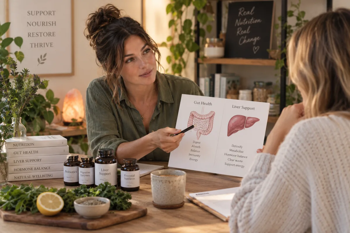 Nutritionist explaining a gut health and liver support diagram to a client, with probiotic, digestive enzyme and liver support supplements on the table